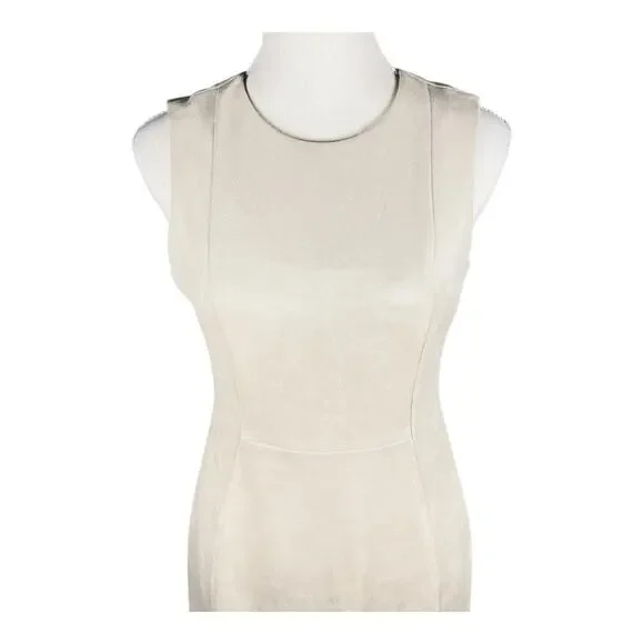 Calvin Klein Faux Suede Sheath Dress Soft Beige Sleeveless Gold Zip Back Size 4